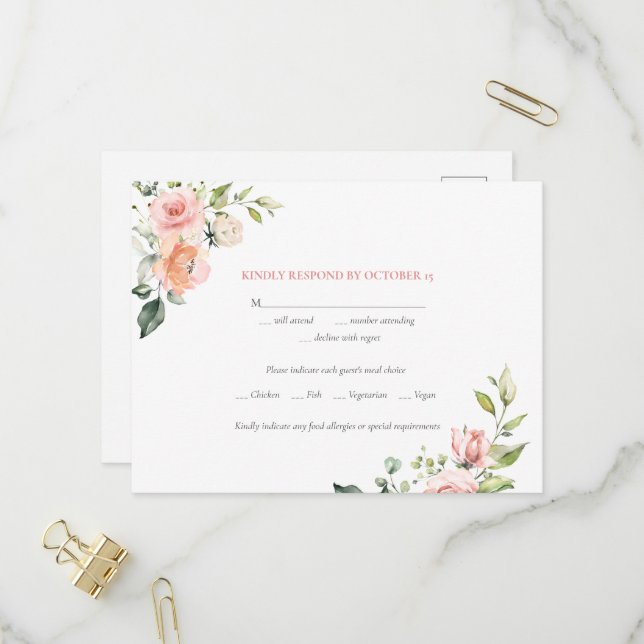 Invitation Carte Postale Aquarelle rose Floral Repas Mariage RSVP (Devant/Arrière en situation)