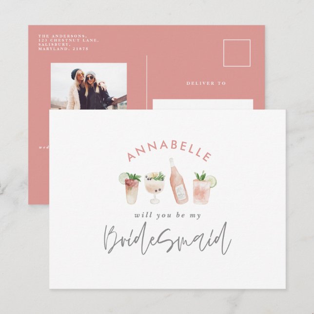 Invitation Carte Postale Aquarelle rose girly peint boissons bridesmaid (Devant / Derrière)