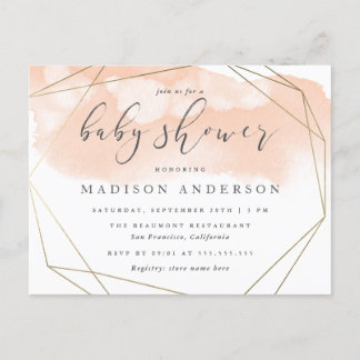 Invitation Carte Postale Aquarelle rose pâle Baby shower géométrique or