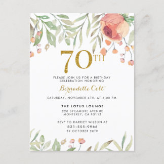 Invitation Carte Postale Aquarelle Rose & Parties scintillant or 70e annive