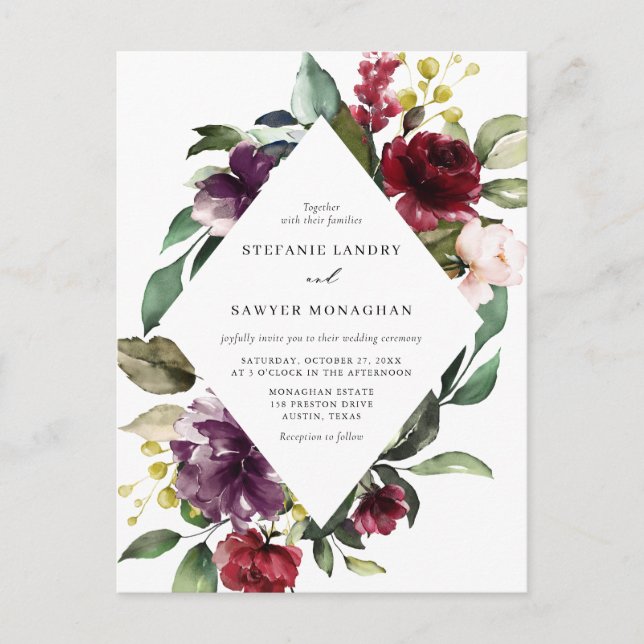 Invitation Carte Postale Aquarelle rouge et violet Mariage de cadre Floral (Devant)