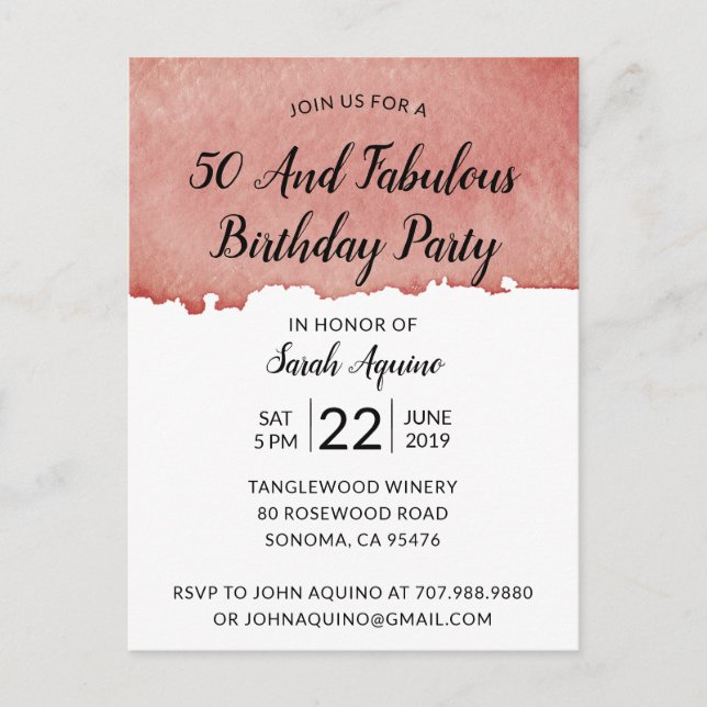 Invitation Carte Postale Aquarelle rustique 50 & Fabuleux Anniversaire (Devant)