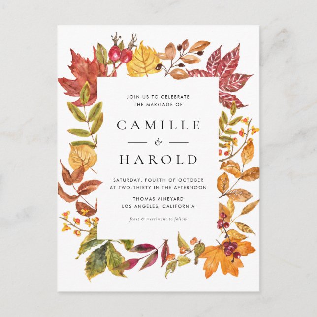 Invitation Carte Postale Aquarelle Rustique Feuilles d'automne Mariage de c (Devant)