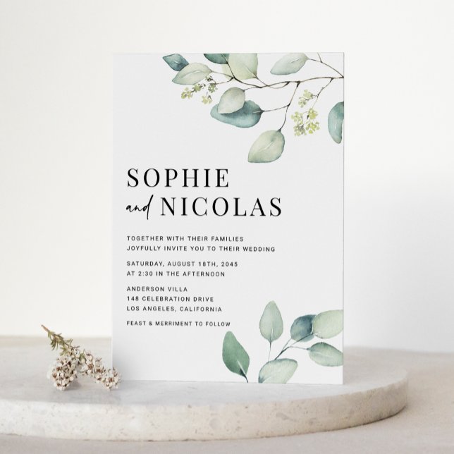 Invitation Carte Postale Aquarelle Sage vert Eucalyptus QR Code Mariage (Watercolor Sage Green Eucalyptus Wedding Invitation Postcard)