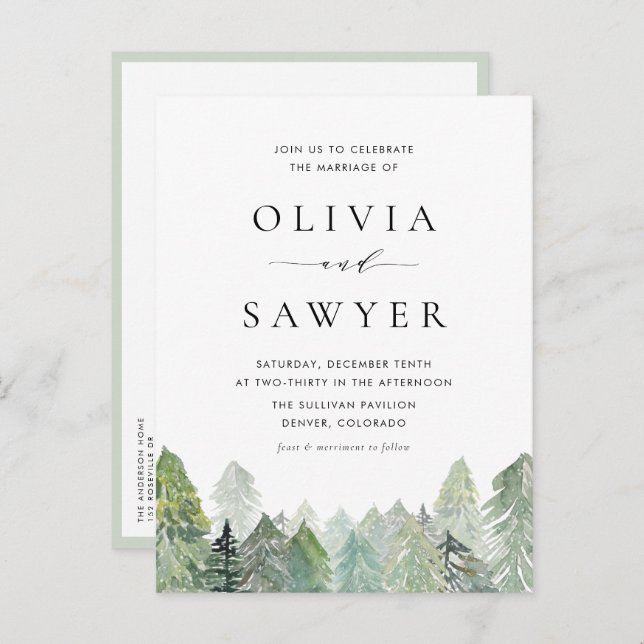 Invitation Carte Postale Aquarelle Snowy Evergreens Mariage d'hiver QR Code (Devant / Derrière)