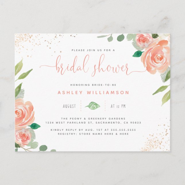 Invitation Carte Postale Aquarelle tendance Peonies Eucalyptus Fête des mar (Devant)