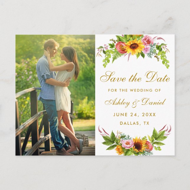 Invitation Carte Postale Aquarelle Tournesol Floral Or Enregistrer La Date (Devant)