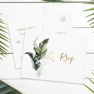 Invitation Carte Postale Aquarelle tropicale Feuillage d'or Mariage RSVP