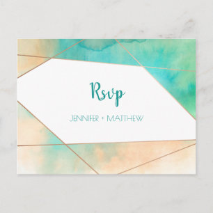 Invitation Carte Postale Aquarelle Turquoise géométrique et Peach RSVP