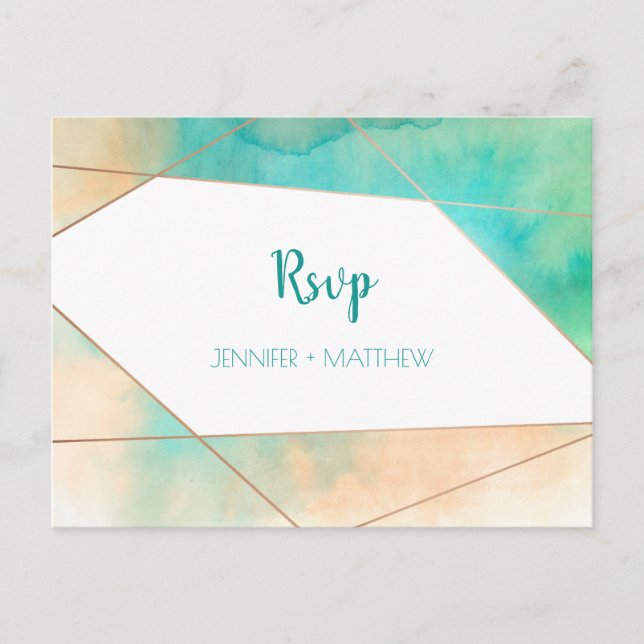 Invitation Carte Postale Aquarelle Turquoise géométrique et Peach RSVP | (Devant)