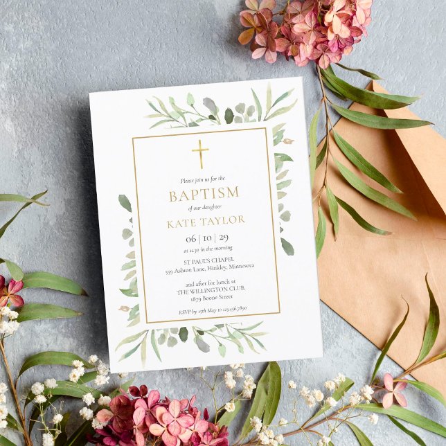 Invitation Carte Postale Aquarelle Verdure Baptême Christening (Créateur téléchargé)