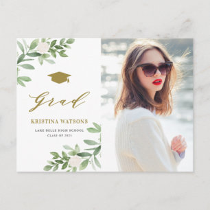 Invitation Carte Postale Aquarelle Verdure Fleurs blanches Graduation