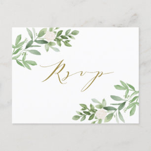 Invitation Carte Postale Aquarelle Vert et Fleurs blanches RSVP