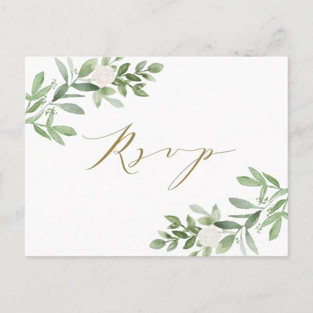 Invitation Carte Postale Aquarelle Vert et Fleurs blanches RSVP (Devant)