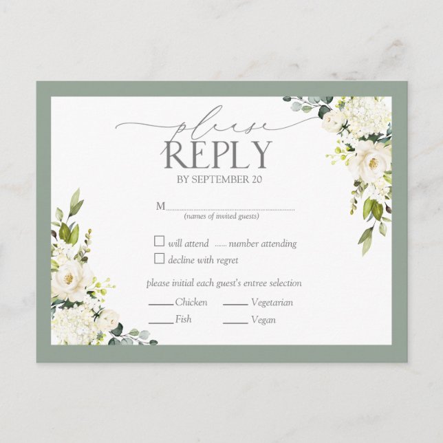Invitation Carte Postale Aquarelle verte gris blanc Mariage floral RSVP en (Devant)