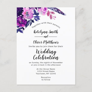 Invitation Carte Postale Aquarelle violet floral enchantée Mariage tendance