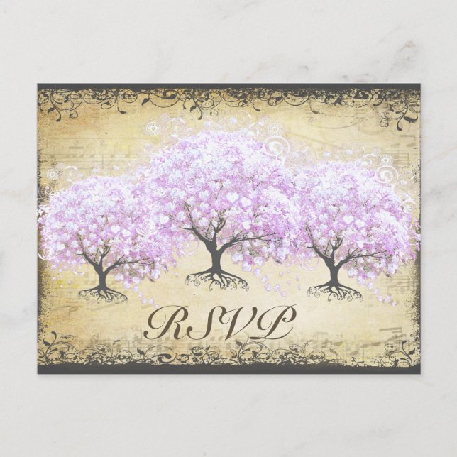 Invitation Carte Postale Arbre de lavande à feuilles en cœur Mariage oiseau (Devant)