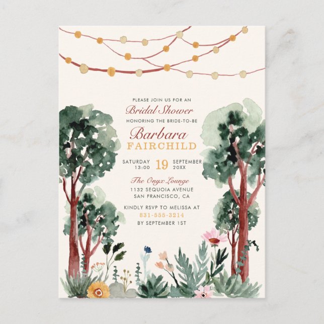 Invitation Carte Postale Arbres botaniques verts doux Fête des mariées bois (Devant)