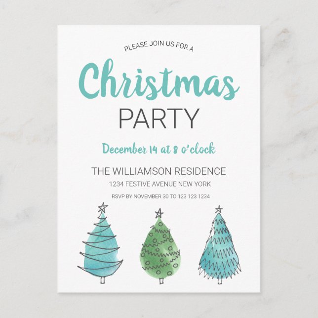 Invitation Carte Postale Arbres de Noël bleu vert rustique (Devant)