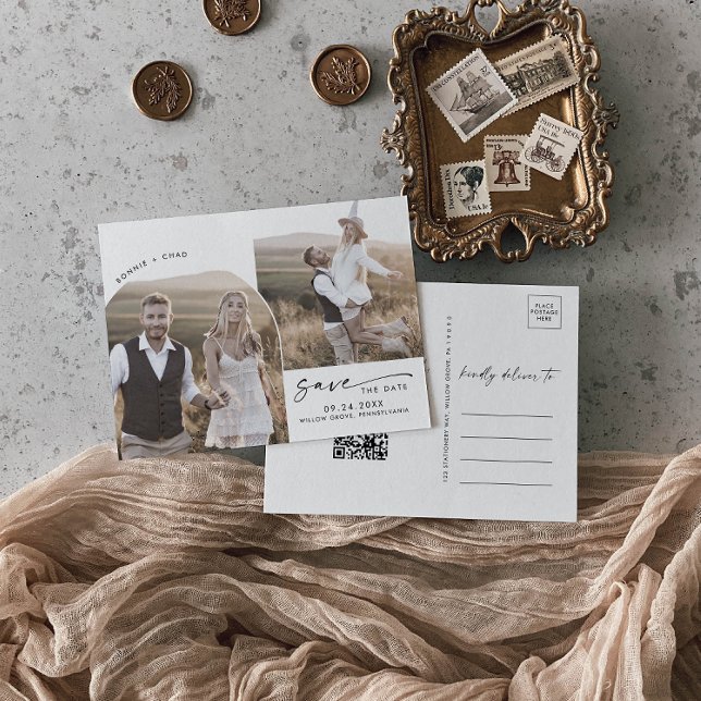 Invitation Carte Postale Arc moderne QR Code 2 Photo Enregistrer la date (Créateur téléchargé)