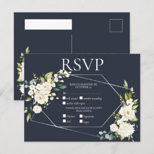Invitation Carte Postale Argent Géométrique Bleu Blanc Floral RSVP