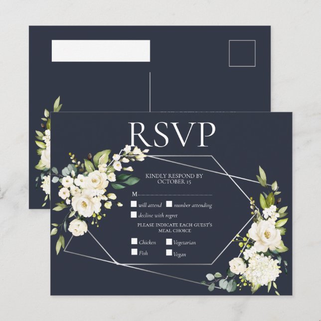 Invitation Carte Postale Argent Géométrique Bleu Blanc Floral RSVP (Devant / Derrière)