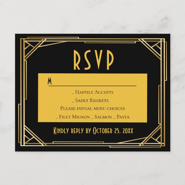 Invitation Carte Postale Art Déco Black Gold RSVP Great Gatsby Mariage (Devant)