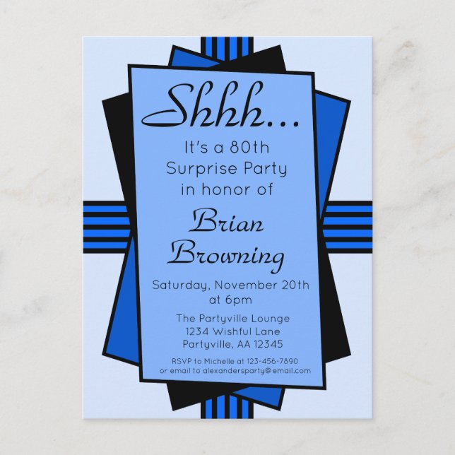Invitation Carte Postale Art déco bleu 80e anniversaire de la Surprise (Devant)