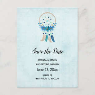 Invitation Carte Postale Attrape-rêves bleu Stylé Boho Enregistrez la date