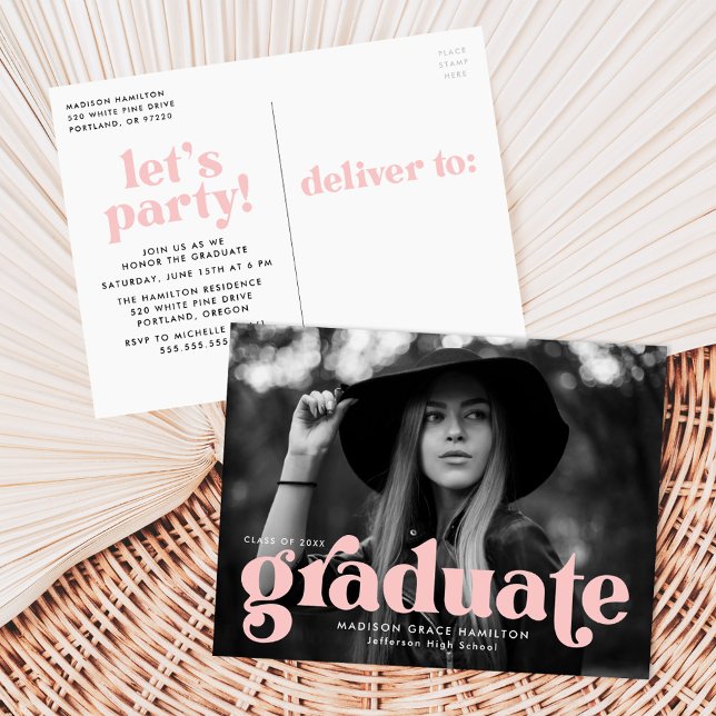 Invitation Carte Postale Audacieuse Typographie Blush Pink Photo Graduation (Créateur téléchargé)