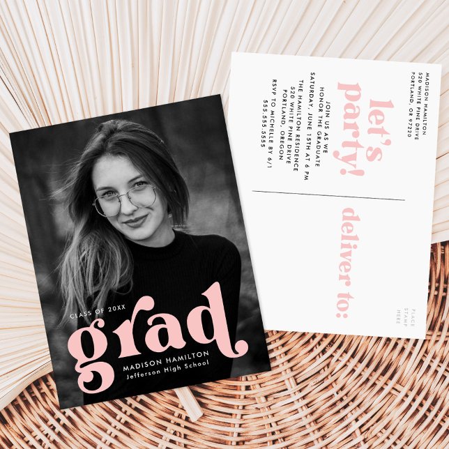Invitation Carte Postale Audacieuse Typographie Blush Pink Photo Graduation (Créateur téléchargé)