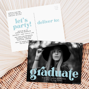Invitation Carte Postale Audacieuse Typographie Ciel Blue Photo Graduation 