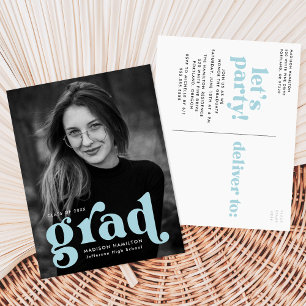 Invitation Carte Postale Audacieuse Typographie Ciel Blue Photo Graduation 