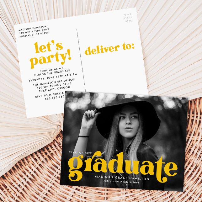 Invitation Carte Postale Audacieuse Typographie Jaune Photo Party Graduatio (Créateur téléchargé)