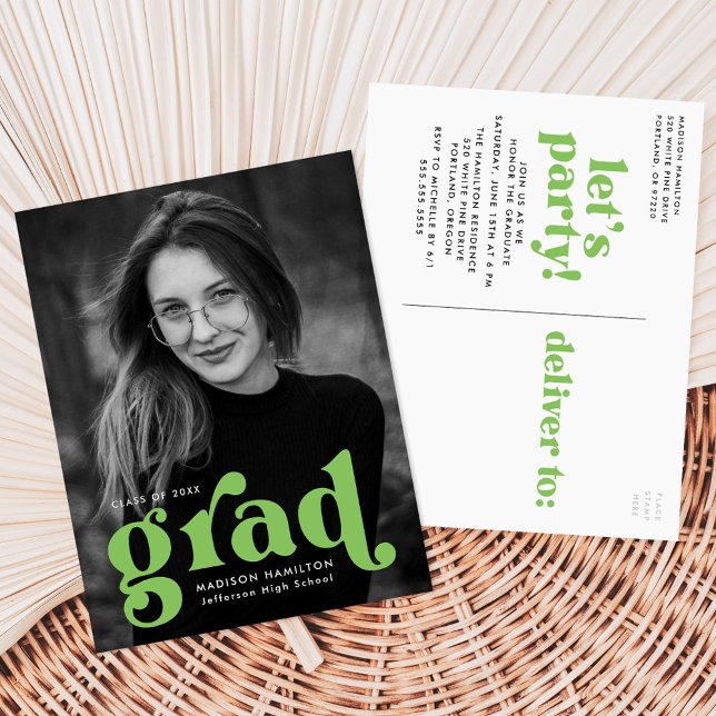 Invitation Carte Postale Audacieuse Typographie Lime Green Photo Graduation (Créateur téléchargé)