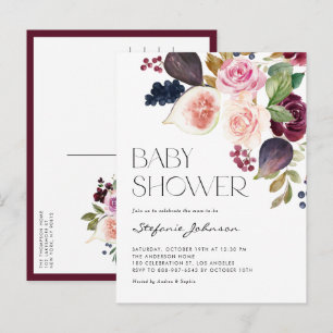 Invitation Carte Postale Automne Bourgogne Fleurs et Figs Baby shower d'aut
