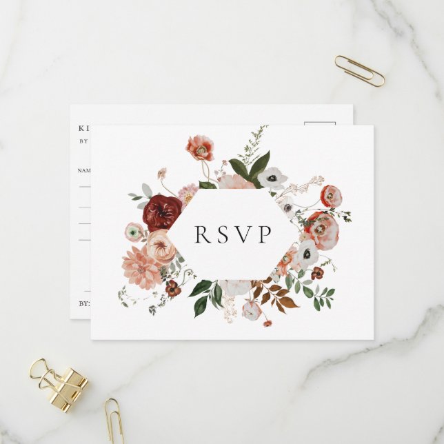 Invitation Carte Postale Automne Floral Frame Wedding RSVP Song Request (Devant/Arrière en situation)
