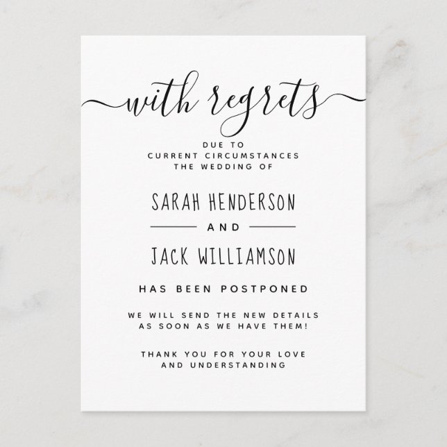 Invitation Carte Postale Avec Regrets Annonce de Changement de Mariage Élég (Devant)
