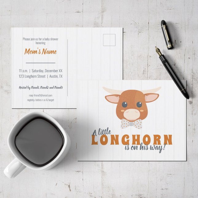 Invitation Carte Postale Baby Boy Longhorn Burnt Orange Baby shower (Créateur téléchargé)