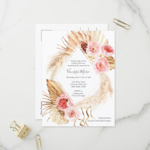 Invitation Carte Postale Baby Girl Douche moderne Boho Pampas herbe fleurie