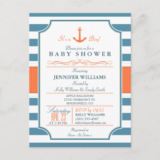 Invitation Carte Postale Baby shower Ancre bleu marine et orange