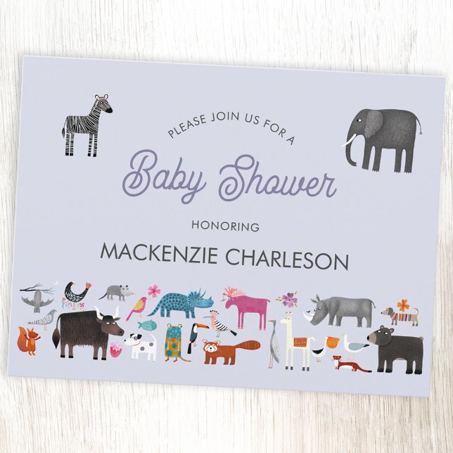 Invitation Carte Postale Baby shower animal amusant (Animal personalized baby shower invitation, with safari, jungle, wild, zoo & pet animals and birds)