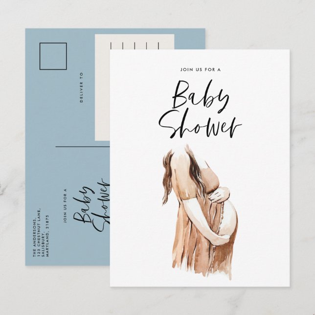 Invitation Carte Postale Baby shower aquarelle illustration script simple (Devant / Derrière)