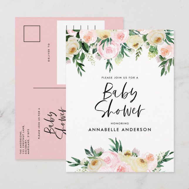 Invitation Carte Postale Baby shower aquarelle rose girly script floral (Devant / Derrière)