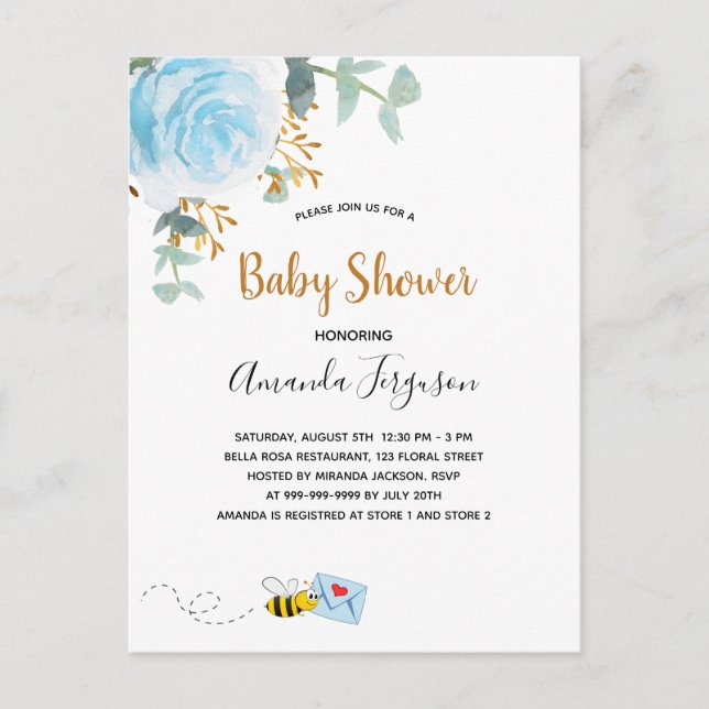 Invitation Carte Postale Baby shower bleu bee bee floral vert garçon (Devant)
