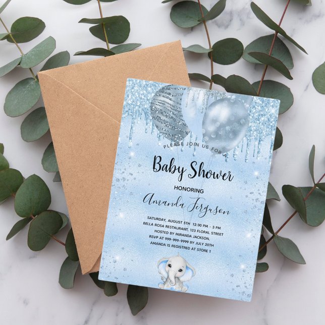 Invitation Carte Postale Baby shower bleu parties scintillant éléphant garç (Créateur téléchargé)