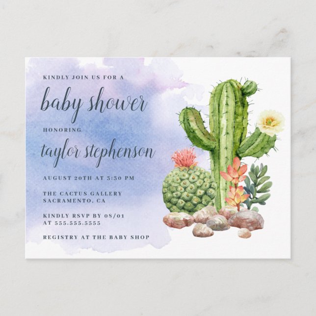 Invitation Carte Postale Baby shower Boho Watercolor Cactus (Devant)