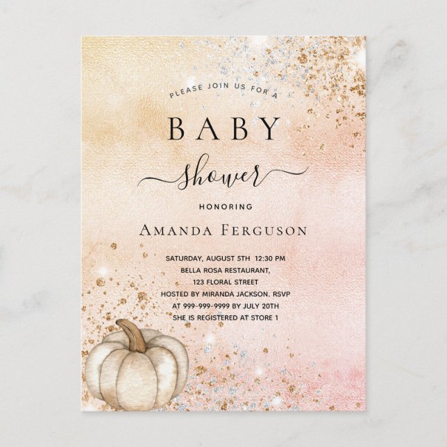 Invitation Carte Postale Baby shower citrouille rose parties scintillant d' (Devant)