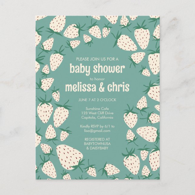 Invitation Carte Postale Baby shower CUSTOM D'Aiguille Fraise Blanche (Devant)