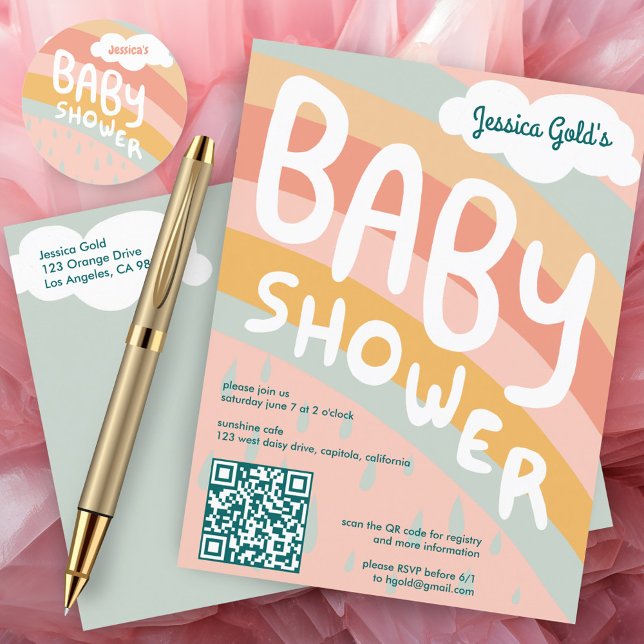 Invitation Carte Postale BABY SHOWER Cute Nuages Rainbow Custom QR CODE (BABY SHOWER Cute Clouds Rainbow Custom QR CODE Invitation Postcard Pink)